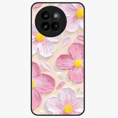 Blush Bloom Texture Glass Case showing flat back view with soft blush floral texture artwork and glossy glass finish.