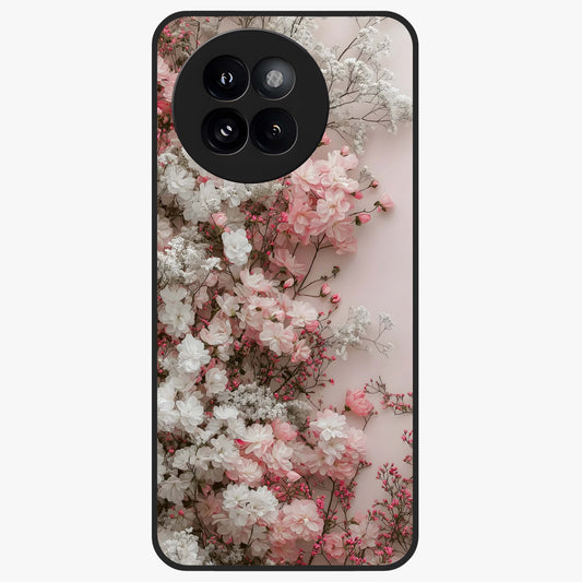 Blush Blossom Cloud Glass Case showing flat back view with dreamy blush cloud blossom artwork and glossy glass finish.
