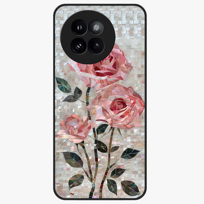 Blush Mosaic Bloom Glass Case showing flat back view with mosaic floral bloom artwork and glossy glass finish.