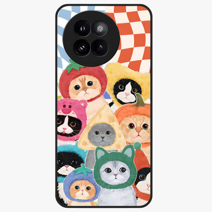 Cats in Fruits Glass Case showing flat back view with playful cat illustrations inside fruit artwork and glossy glass finish.