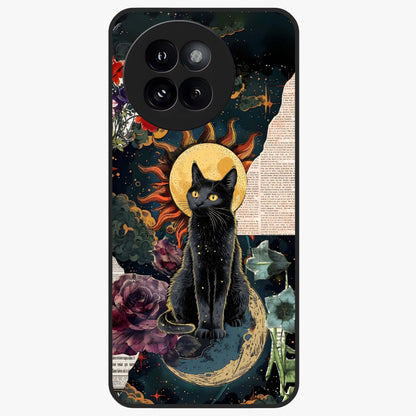 Celestial Black Cat Glass Case showing flat back view with mystical black cat artwork and glossy glass finish.