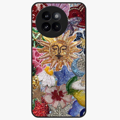 Celestial Floral and Playful Glass Case showing flat back view with floral and celestial themed artwork and glossy glass finish.