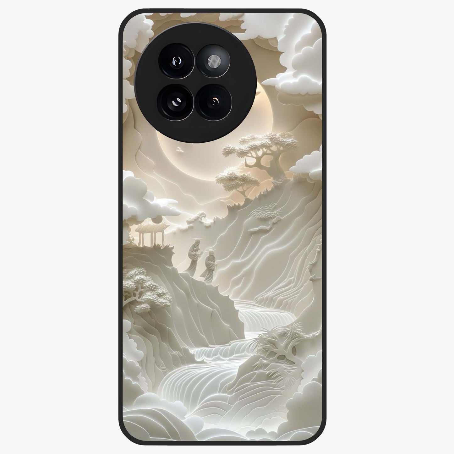 Celestial Origami Glass Case showing flat back view with artistic origami inspired celestial artwork and glossy glass finish.