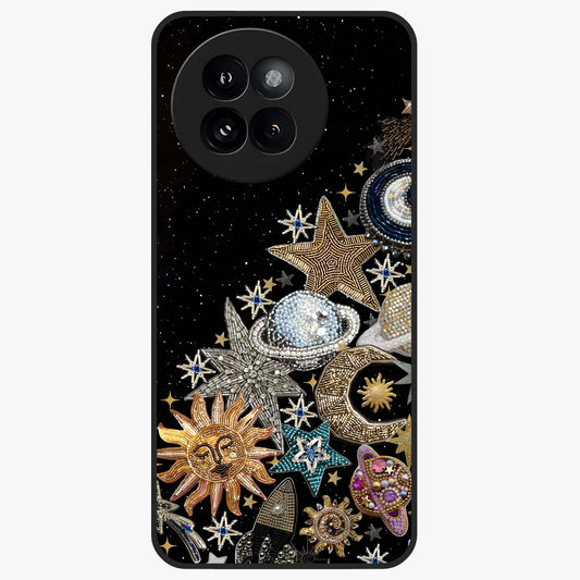 Cosmic Sparkle Dreams Glass Case showing flat back view with sparkling cosmic artwork and glossy glass finish.