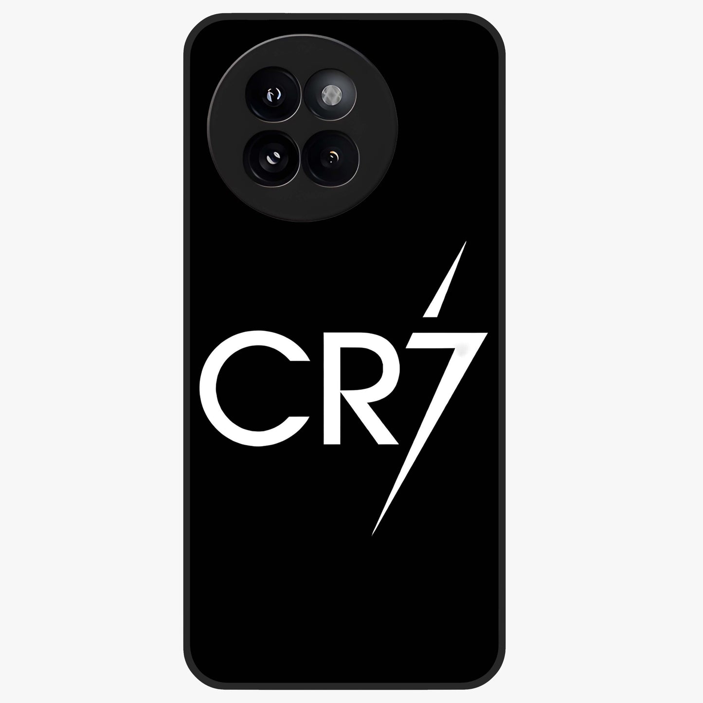 Cr7 Elite Strike Glass Case showing flat back view with dynamic football inspired artwork and glossy glass finish.