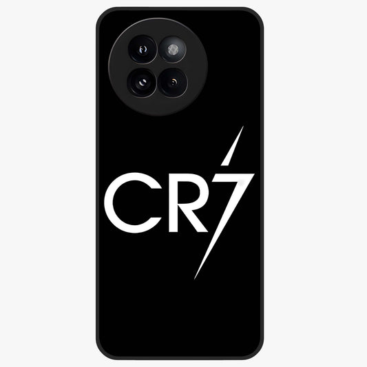Cr7 Elite Strike Glass Case showing flat back view with dynamic football inspired artwork and glossy glass finish.