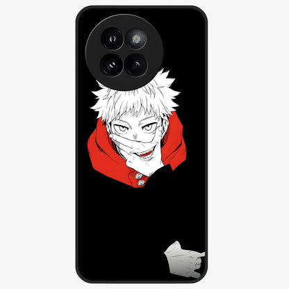 Crimson Chaos Smile Glass Case showing flat back view with bold chaotic smile artwork and glossy glass finish.