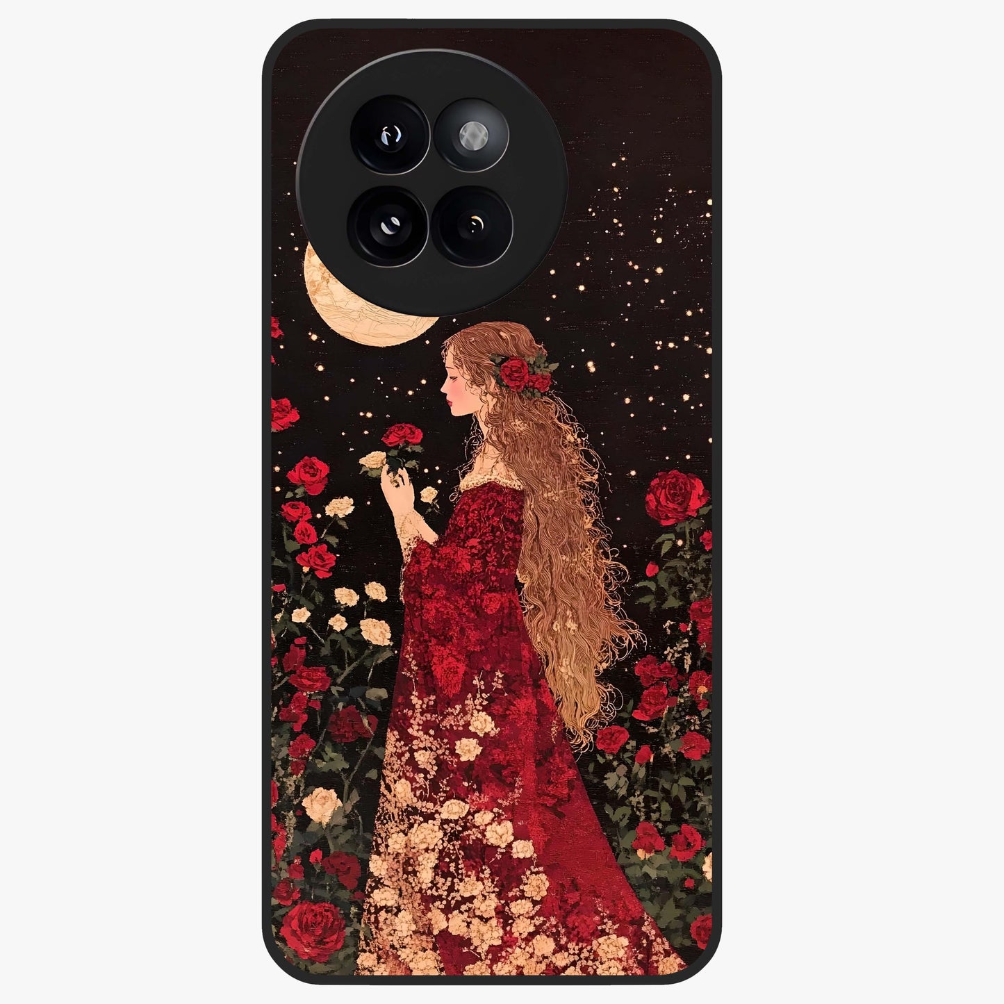 Crimson Dreams Glass Case showing flat back view with dreamy crimson artwork and glossy glass finish.