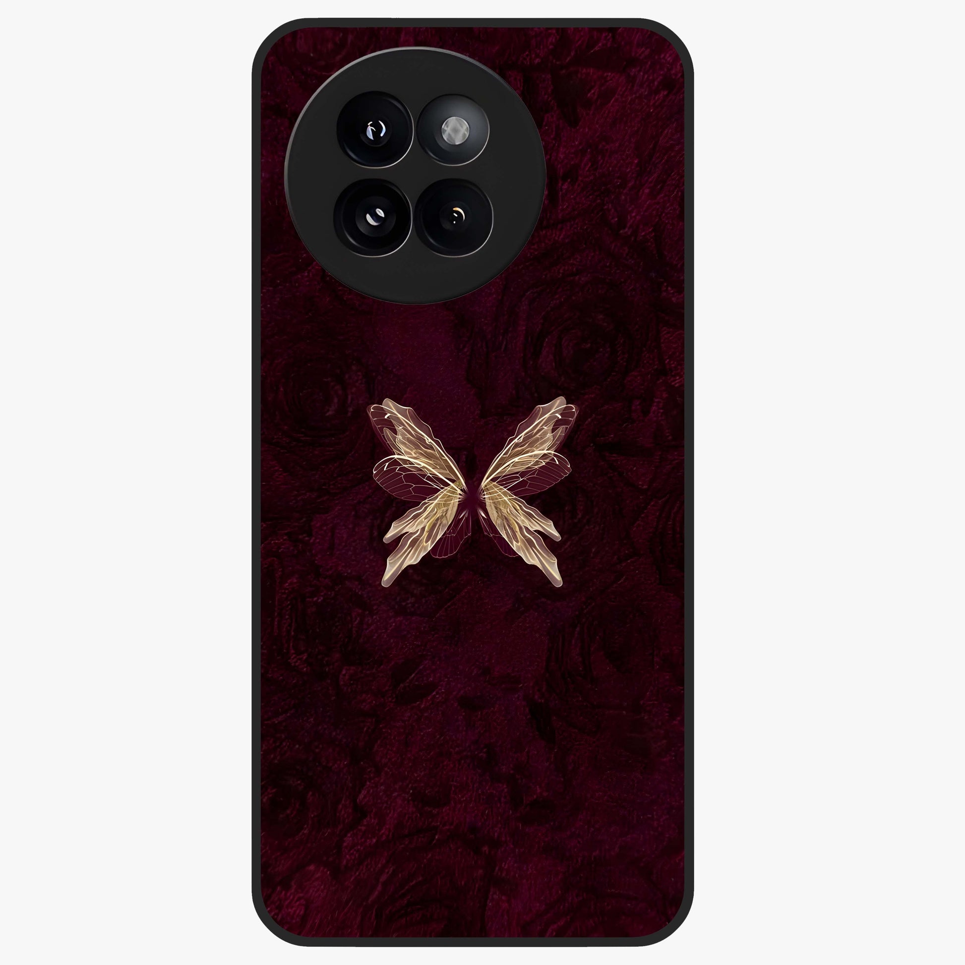 Crimson Fade Butterfly Glass Case showing flat back view with fading butterfly artwork and glossy glass finish.