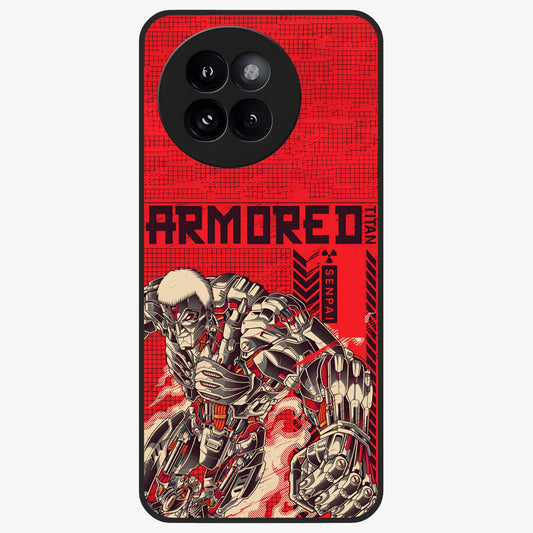 Crimson Mecha Titan Glass Case showing flat back view with powerful mech titan artwork and glossy glass finish.