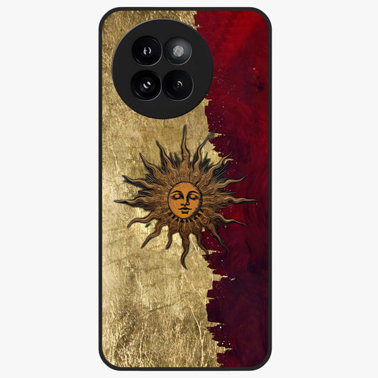 Crimson Sun Majesty Glass Case showing flat back view with radiant sun inspired artwork and glossy glass finish.