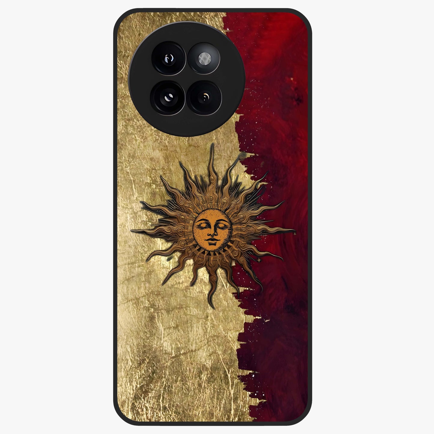 Crimson Sun Majesty Glass Case showing flat back view with radiant sun inspired artwork and glossy glass finish.