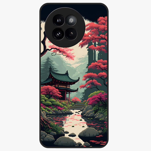 Crimson Temple View Glass Case showing flat back view with temple inspired artwork and glossy glass finish.