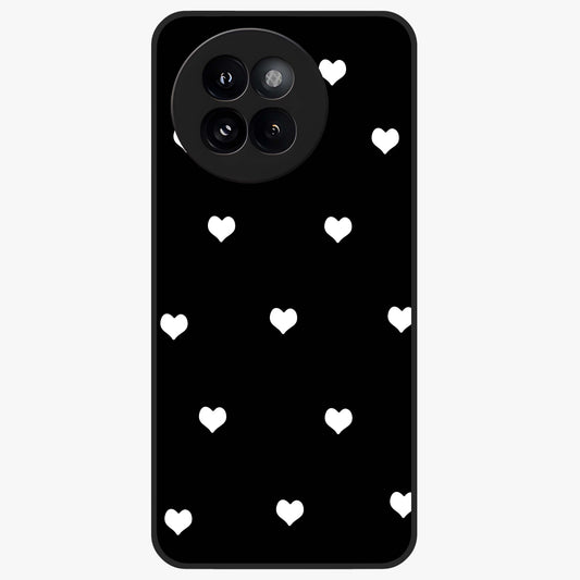 Cute And Simple White Hearts Glass Case showing flat back view with minimal white heart pattern and glossy glass finish.