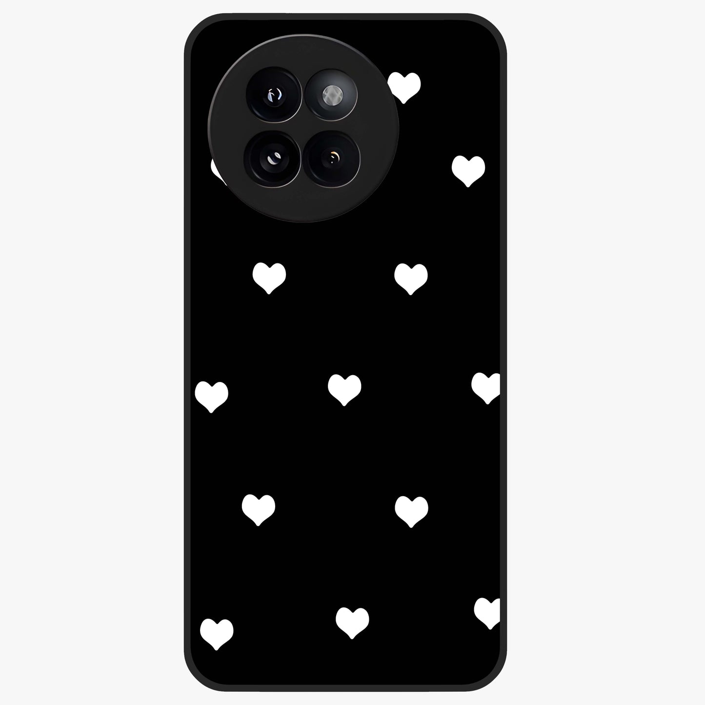 Cute And Simple White Hearts Glass Case showing flat back view with minimal white heart pattern and glossy glass finish.