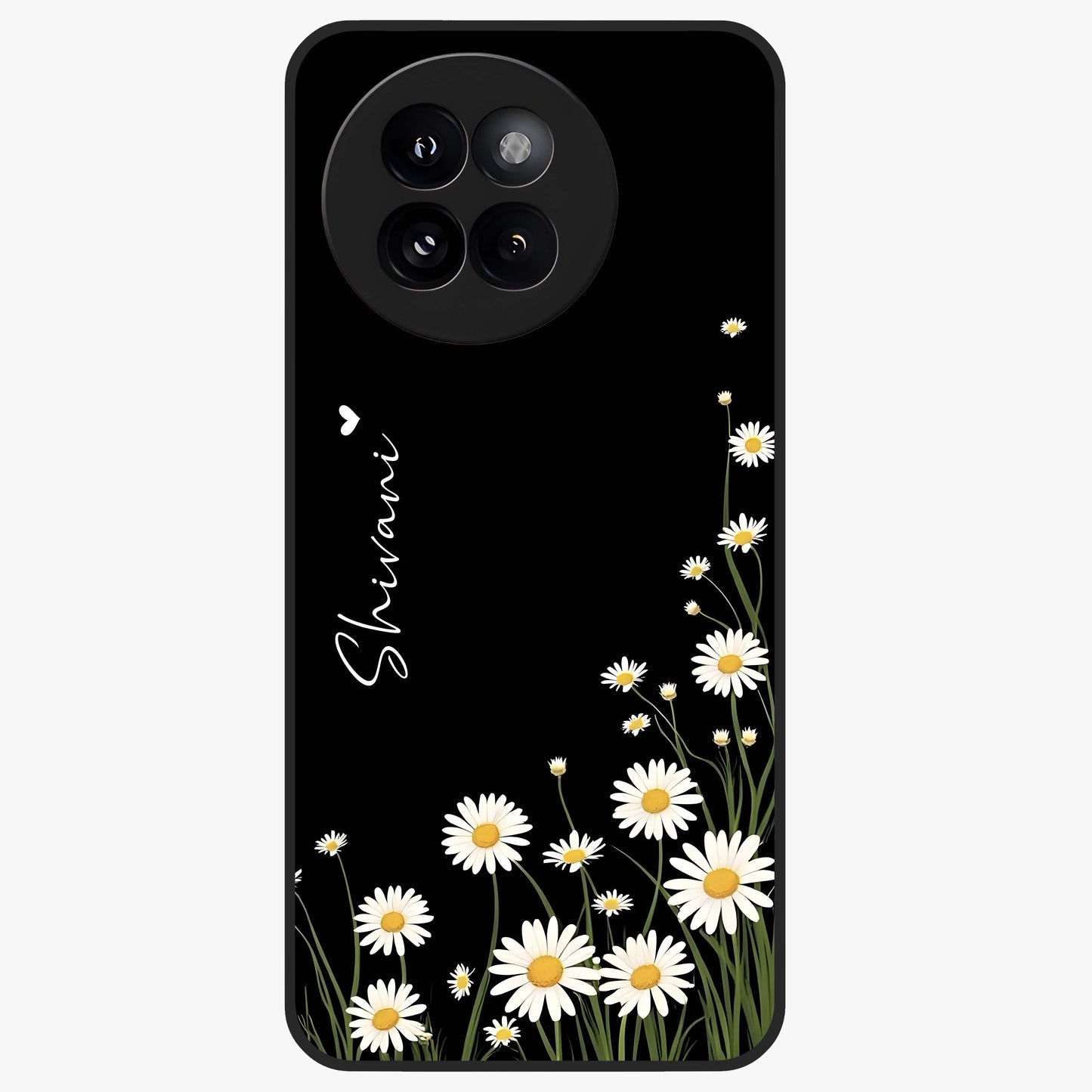 Daisy Cascade Custom Name Glass Case showing flat back view with cascading daisy flowers and personalized name design.