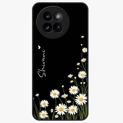 Daisy Cascade Custom Name Glass Case showing flat back view with cascading daisy flowers and personalized name design.