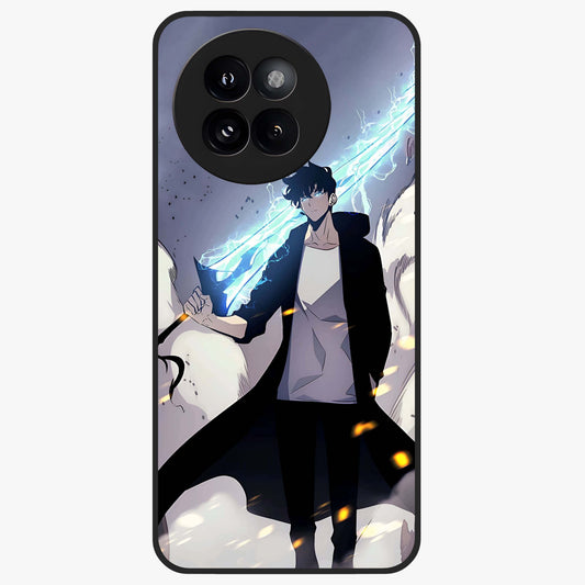 Dark Lightning Anime Warrior Glass Case showing flat back view with intense anime warrior artwork and glossy glass finish.
