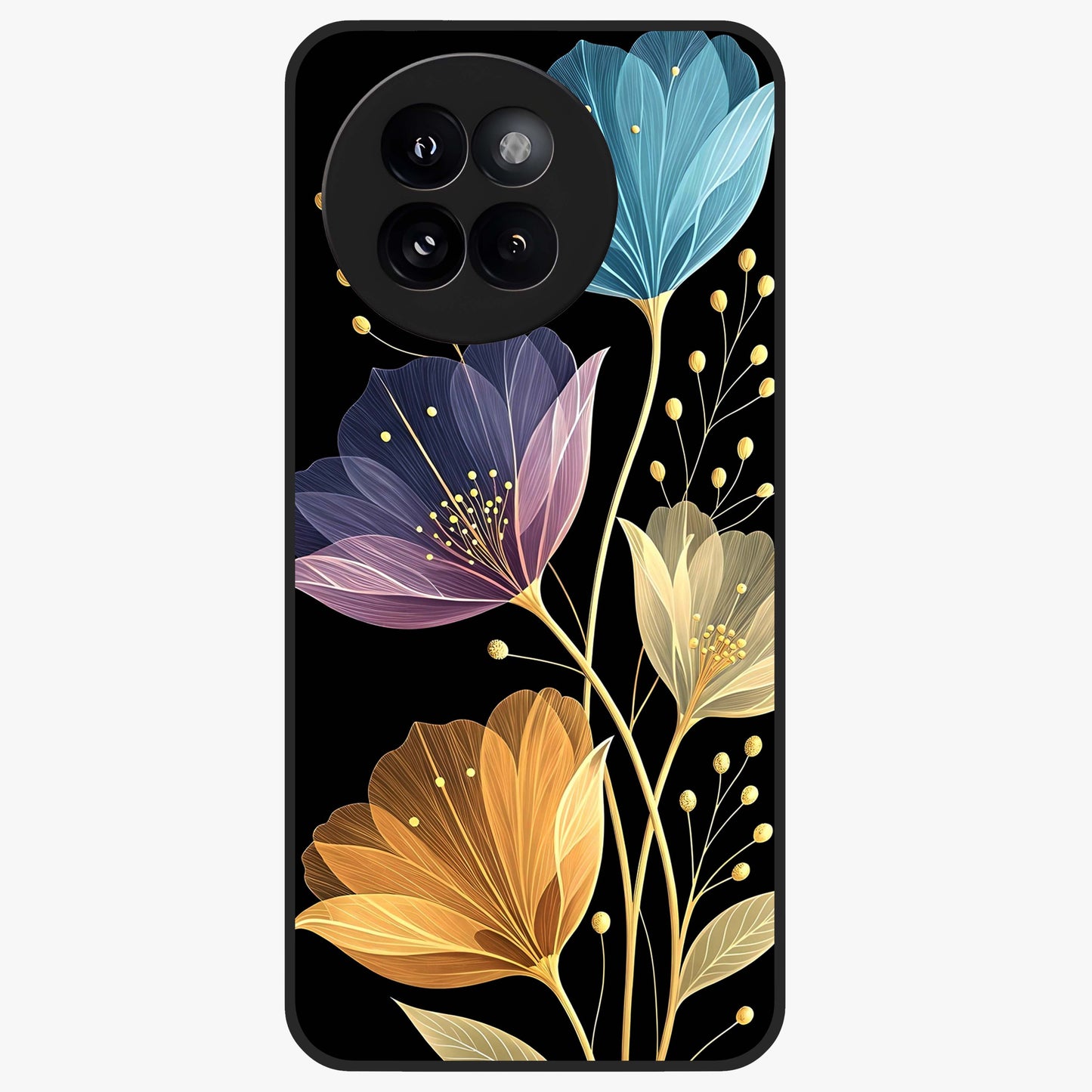 Delicate Multicolor Flowers Glass Case showing flat back view with vibrant floral artwork and glossy glass finish.