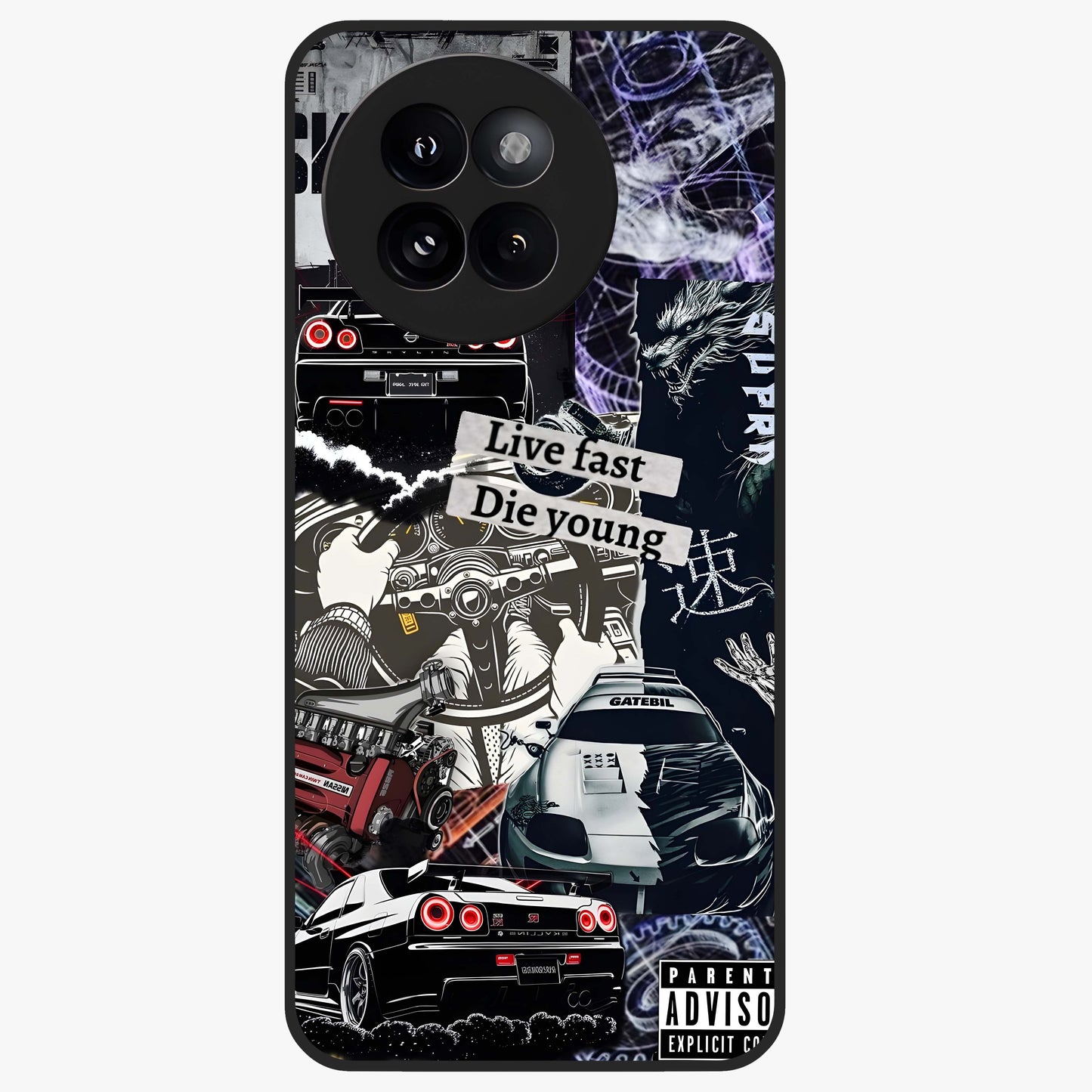 Die Young Glass Case showing flat back view with bold artistic typography design and glossy glass finish.