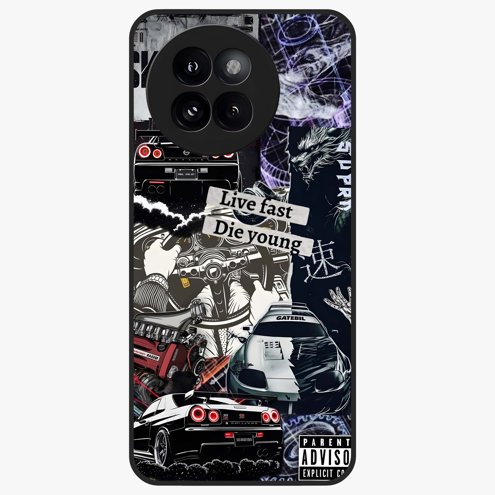 Die Young Glass Case showing flat back view with bold artistic typography design and glossy glass finish.