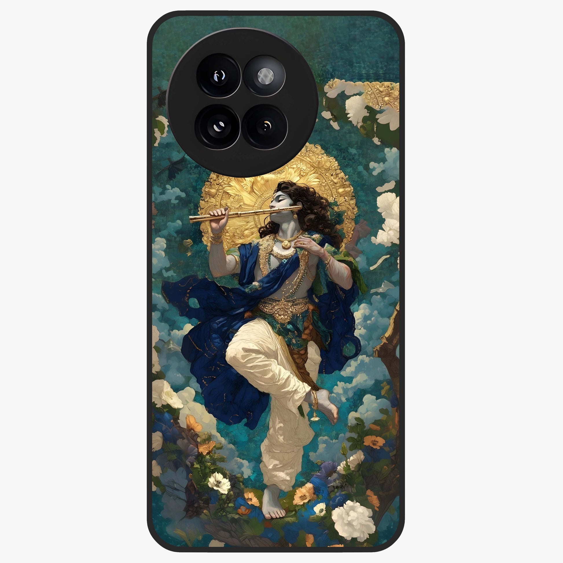 Divine Krishna Art Glass Case showing flat back view with Lord Krishna artwork and glossy glass finish.