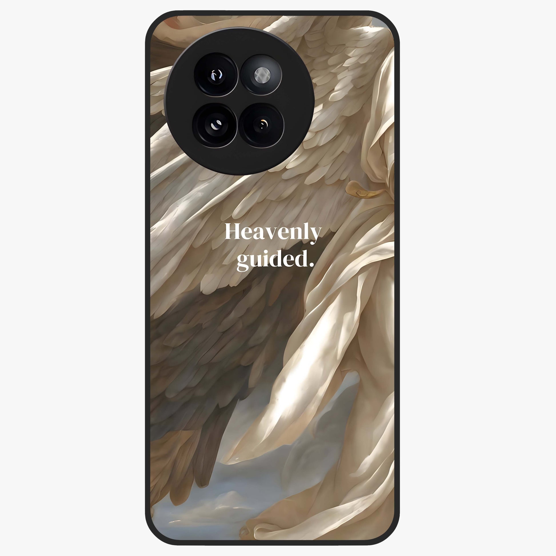 Divine Winged Grace Glass Case showing flat back view with elegant wing inspired artwork and glossy glass finish.