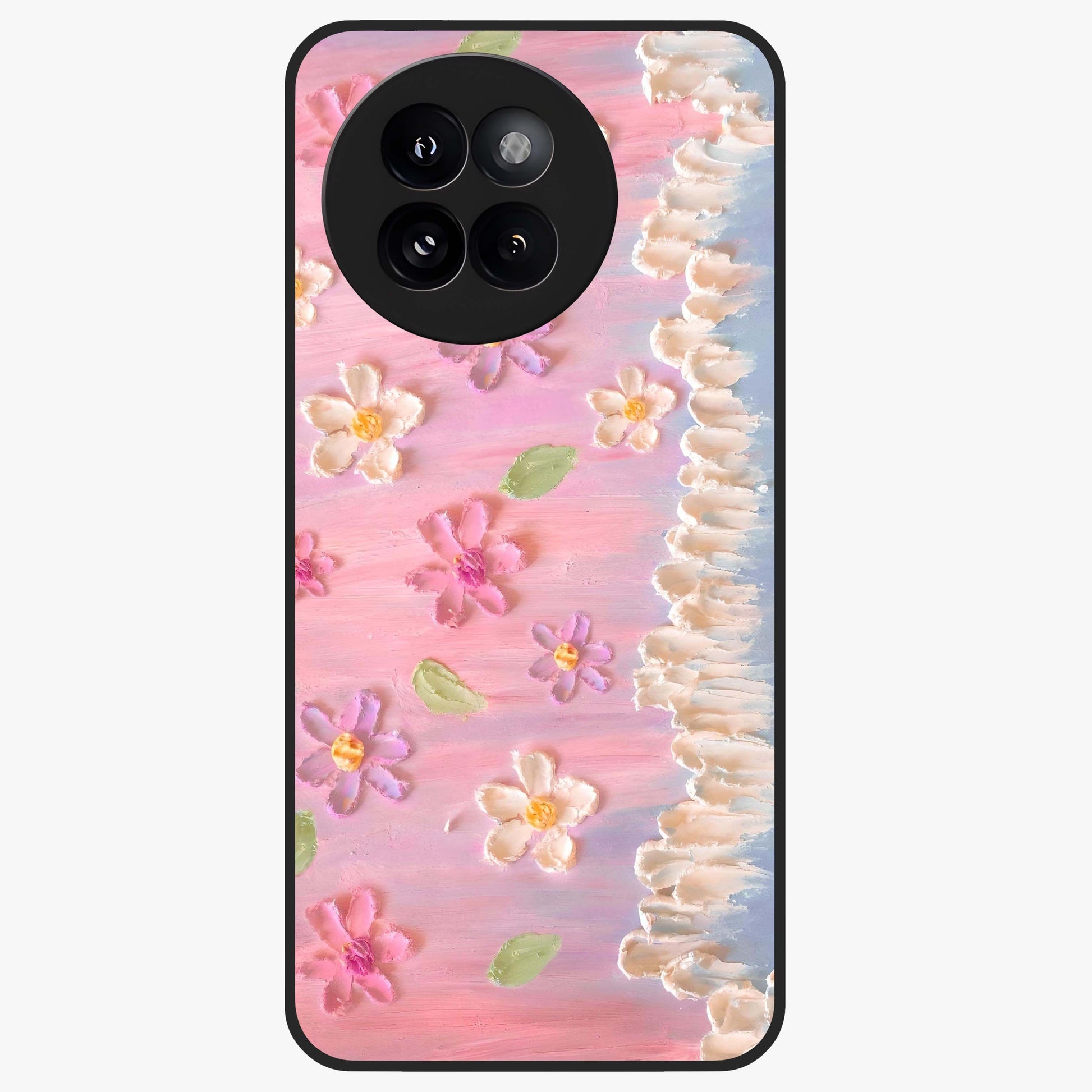 Dreamy Painted Garden Glass Case showing flat back view with artistic painted floral garden artwork and glossy glass finish.