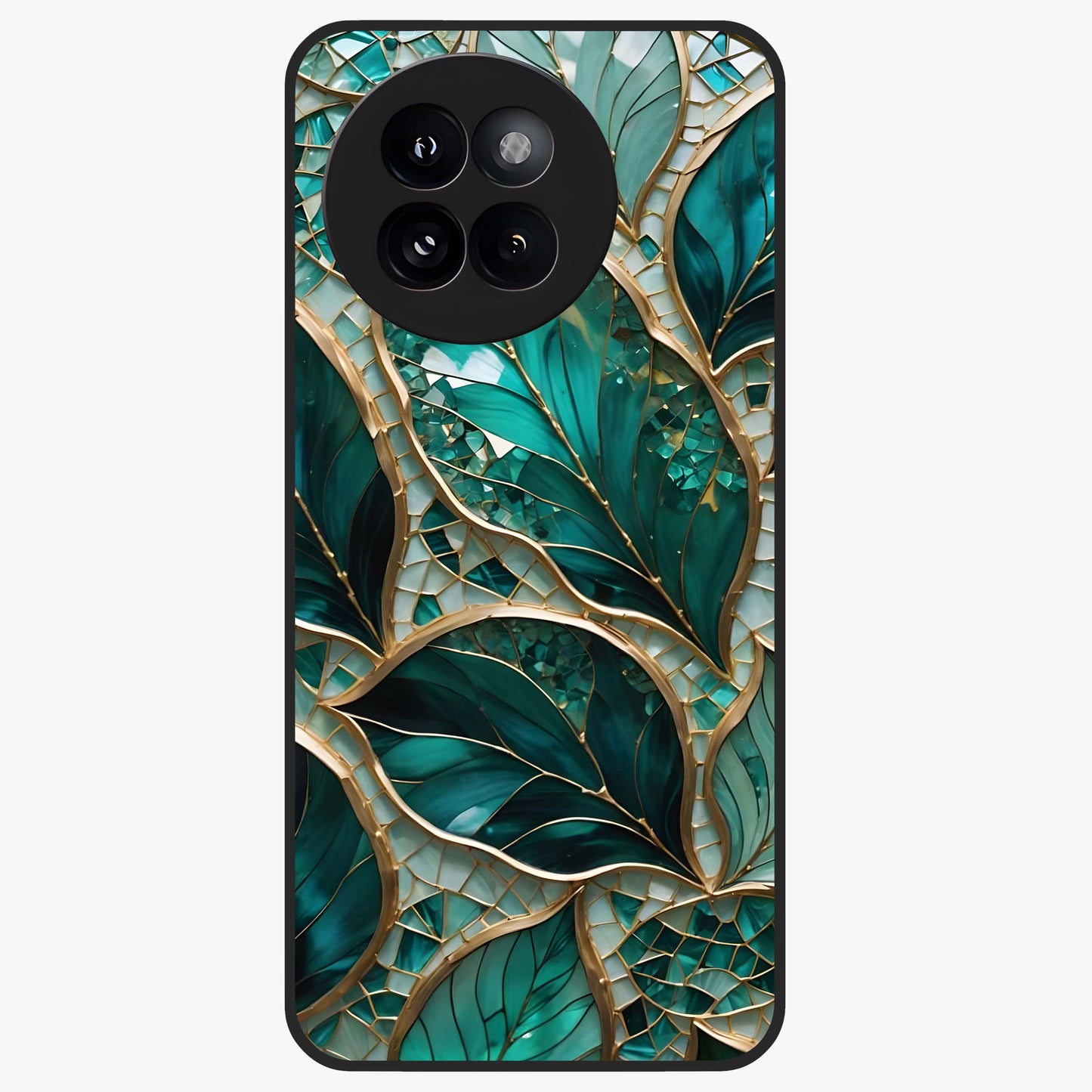 Emerald Leaf Glass Glass Case showing flat back view with emerald green leaf artwork and glossy glass finish.