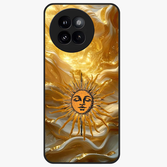 Eternal Golden Glow Glass Case showing flat back view with radiant golden themed artwork and glossy glass finish.