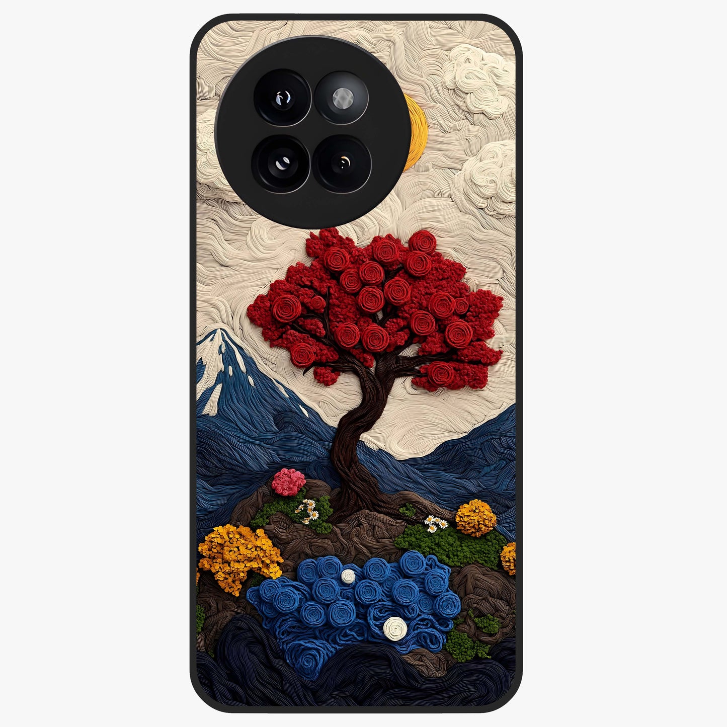 Eternal Nature Tapestry Glass Case showing flat back view with intricate nature tapestry artwork and glossy glass finish.