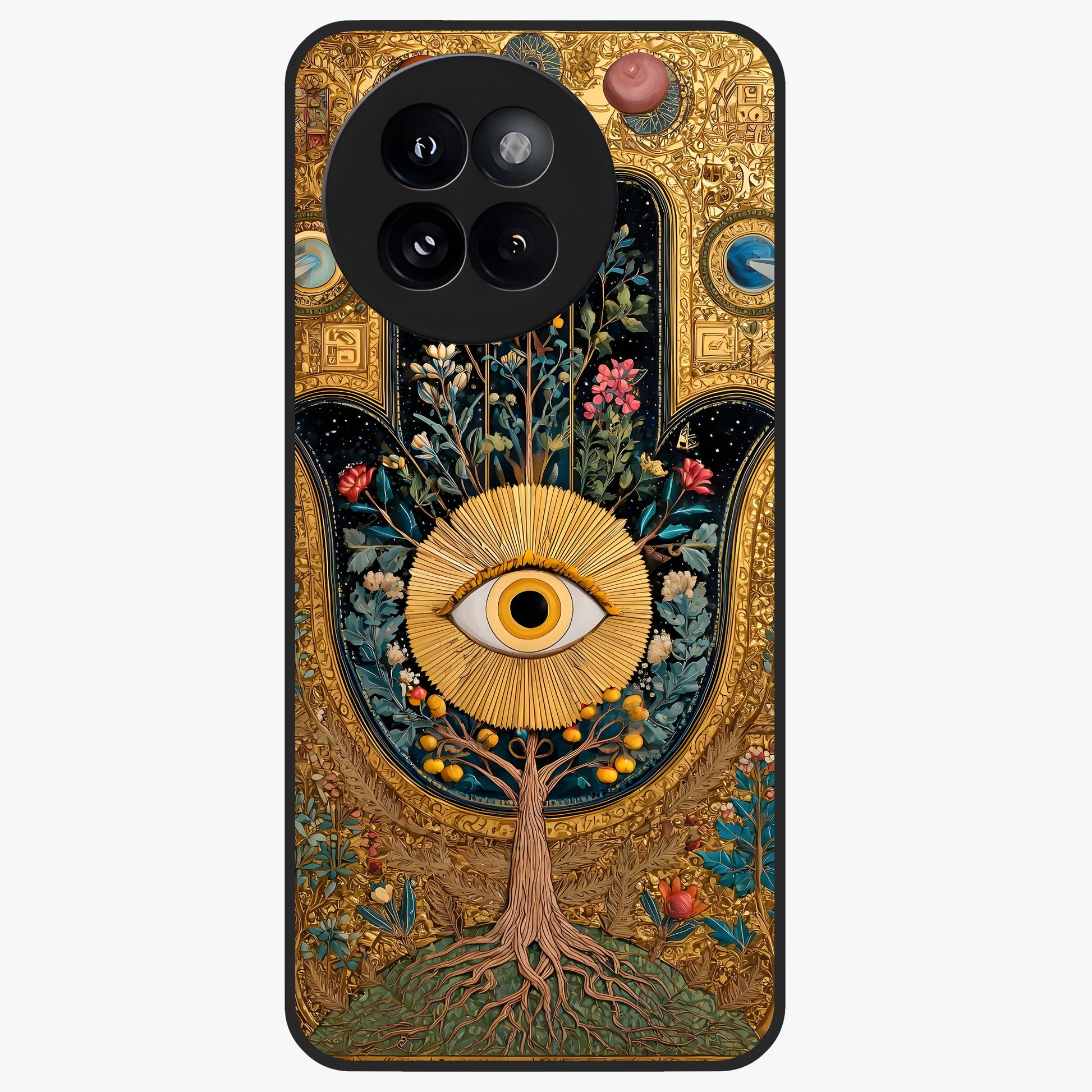 Ethereal Evil Eye Glass Case showing flat back view with mystical evil eye artwork and glossy glass finish.