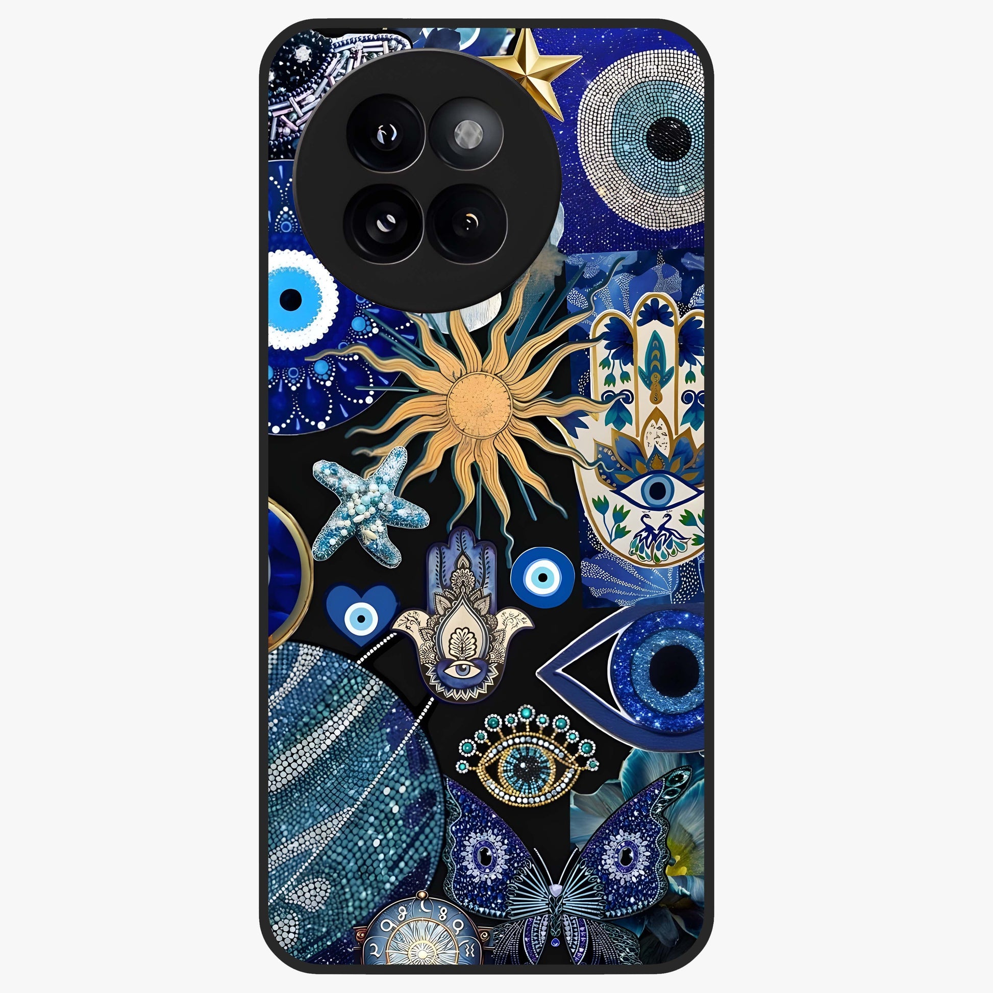 Evil Eye Charm Mix Glass Case showing flat back view with multiple evil eye charms artwork and glossy glass finish.
