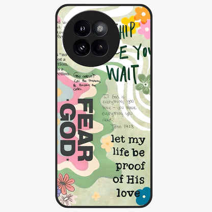 Faith Over Fear Glass Case showing flat back view with motivational typography artwork and glossy glass finish.