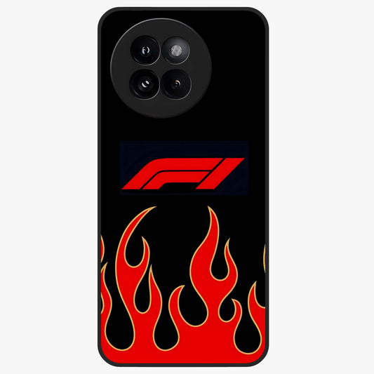 Fire F11 Glass Case showing flat back view with fiery themed artwork and glossy glass finish.