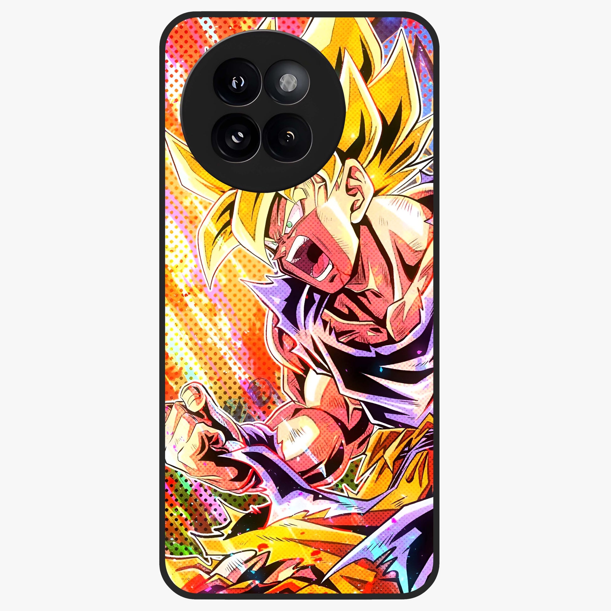 Firing Goku Glass Case showing flat back view with powerful anime inspired artwork and glossy glass finish.