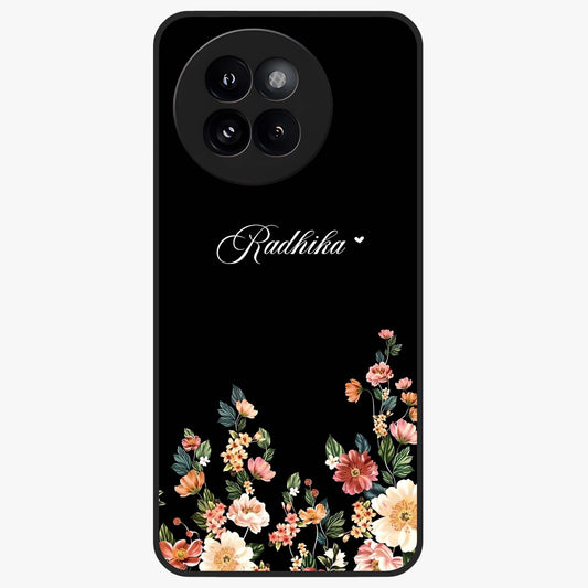 Floral Design With a Custom Personalized Name Glass Case showing flat back view with floral artwork and personalized name design.