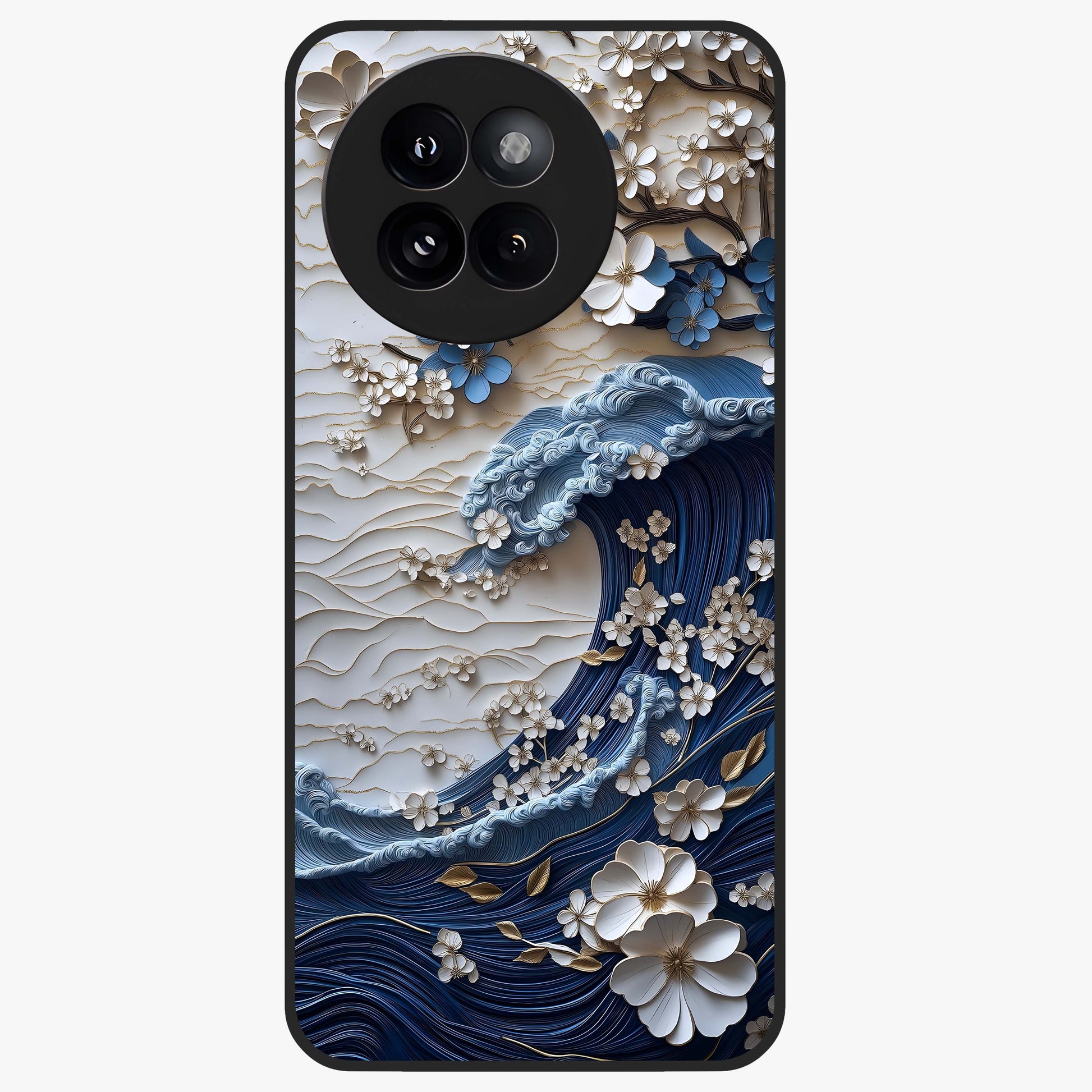 Floral Wave Origami Glass Case showing flat back view with origami inspired floral wave artwork and glossy glass finish.