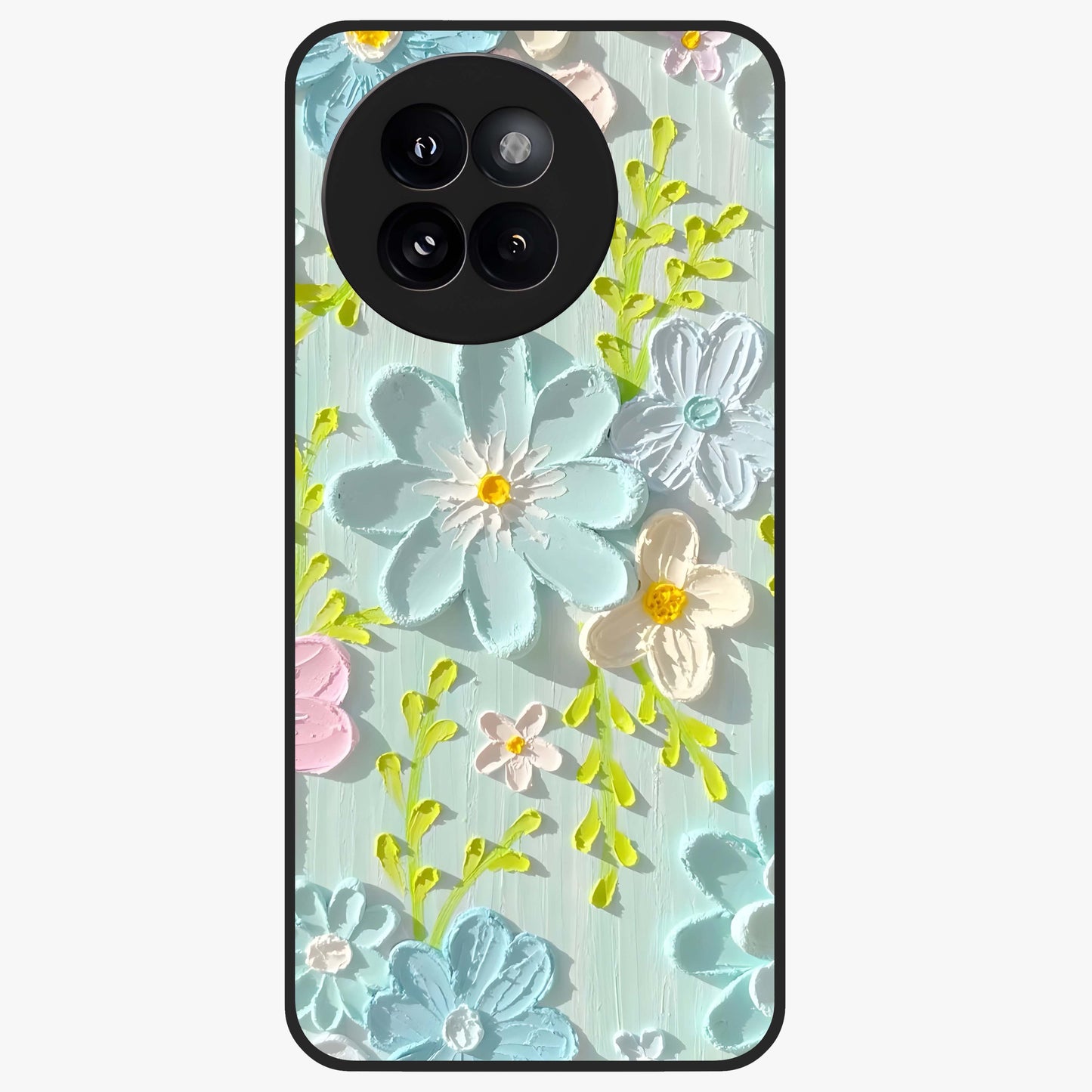 Frosted Petal Garden Glass Case showing flat back view with soft frosted floral artwork and glossy glass finish.