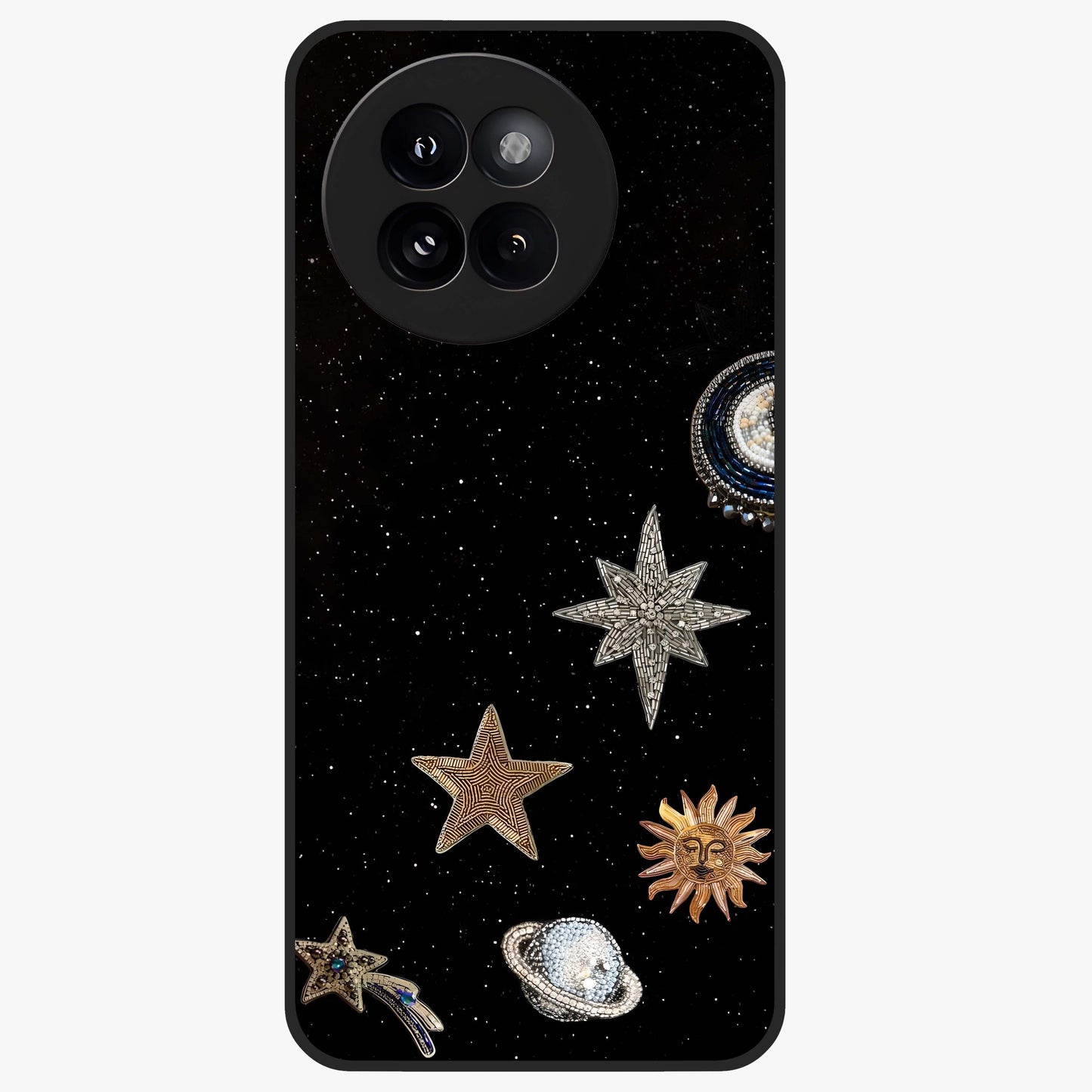 Galactic Charm Glow Glass Case showing flat back view with glowing celestial charm artwork and glossy glass finish.