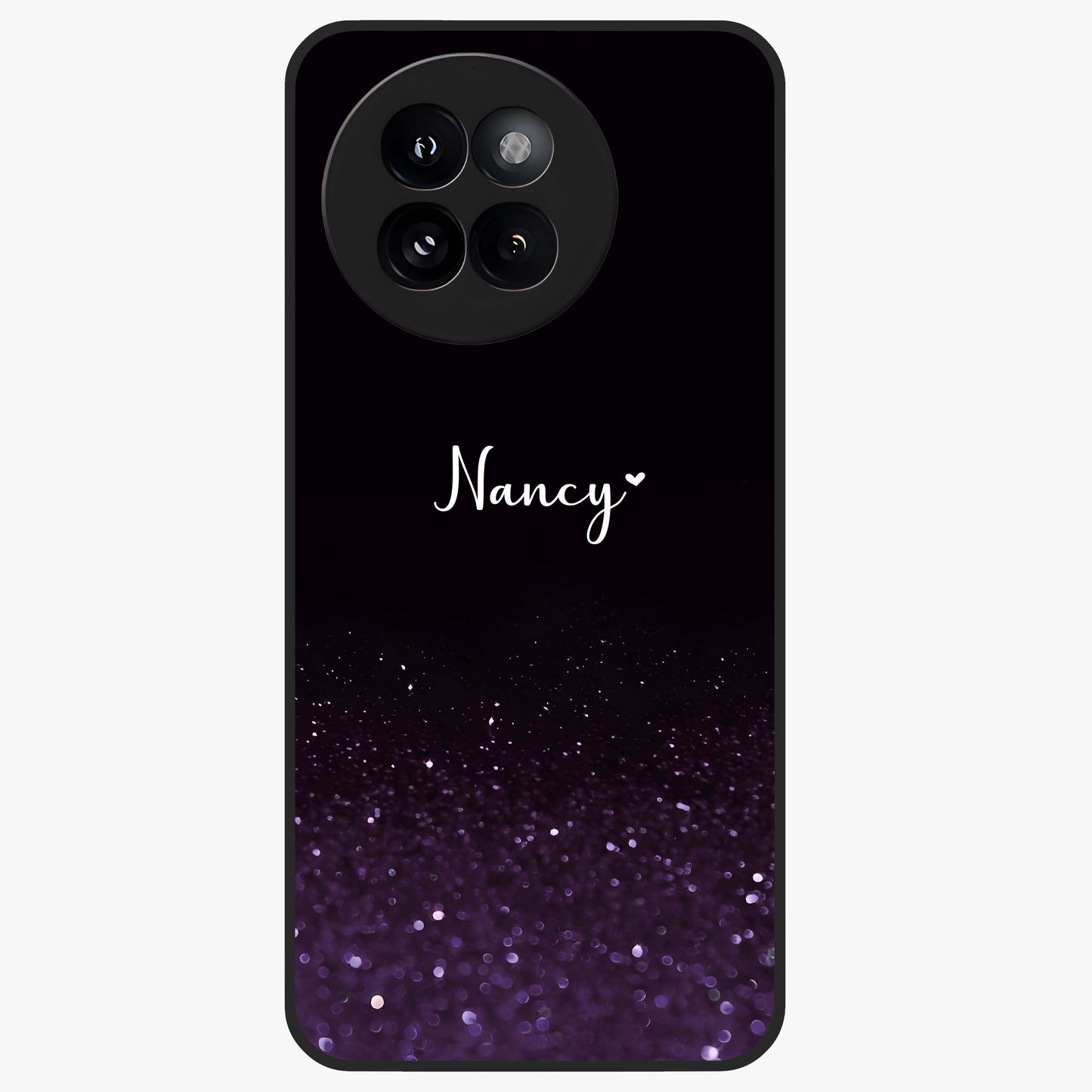 Glittery Purple Bokeh Custom Name Glass Case showing flat back view with purple bokeh sparkle artwork and personalized name design.