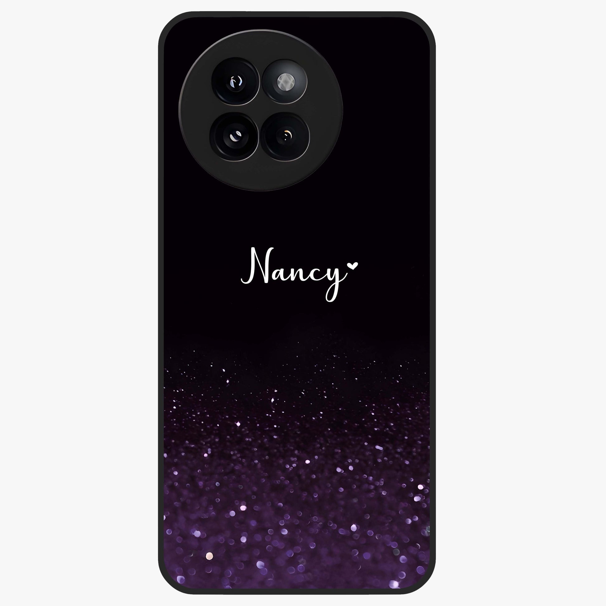 Glittery Purple Bokeh Custom Name Glass Case showing flat back view with purple bokeh sparkle artwork and personalized name design.