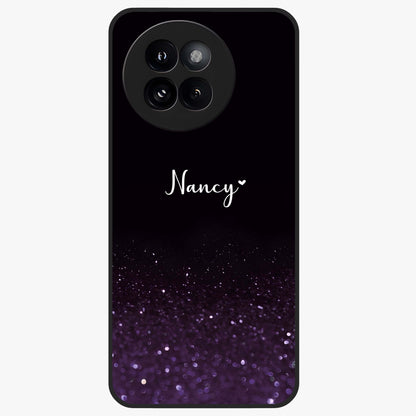 Glittery Purple Bokeh Custom Name Glass Case showing flat back view with purple bokeh sparkle artwork and personalized name design.
