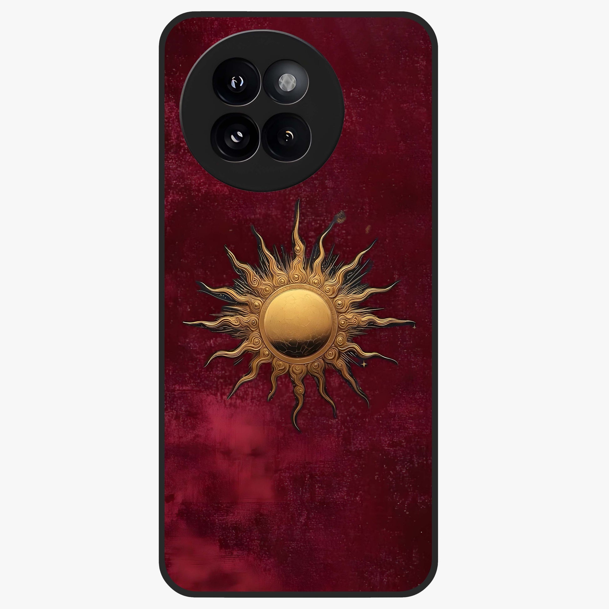Gold Sun Blush Glass Case showing flat back view with golden sun inspired artwork and glossy glass finish.