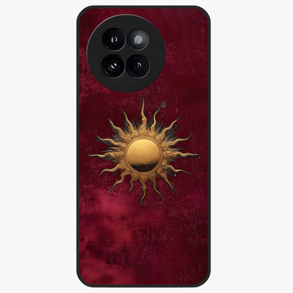 Gold Sun Blush Glass Case showing flat back view with golden sun inspired artwork and glossy glass finish.