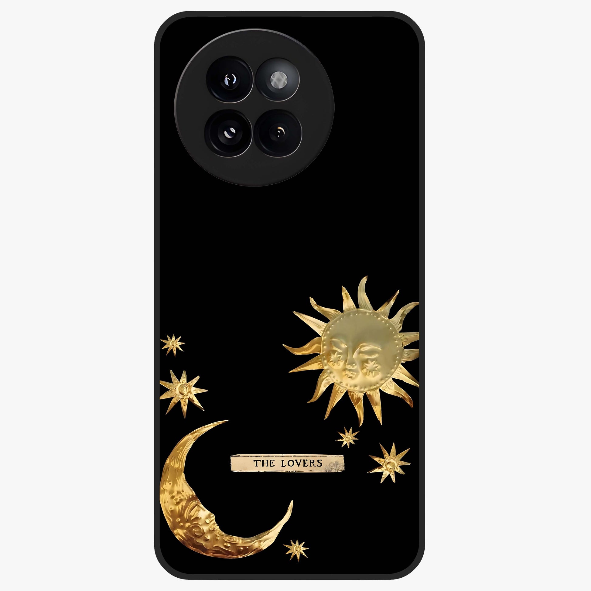 Golden Celestial Charm Glass Case showing flat back view with golden celestial charm artwork and glossy glass finish.