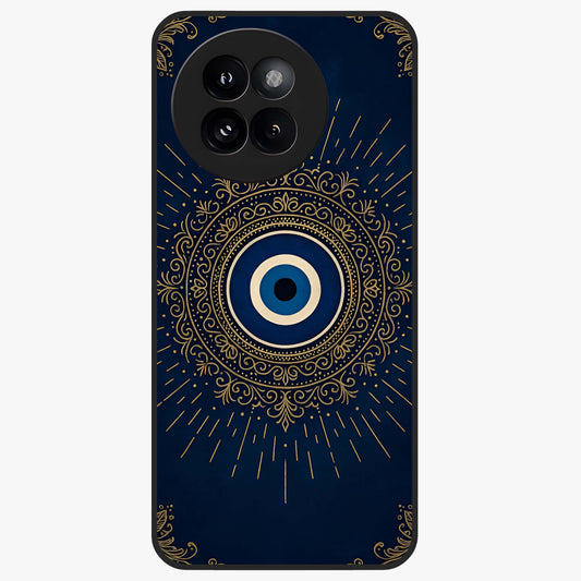Golden Evil Eye Mandala Glass Case showing flat back view with intricate evil eye mandala artwork and glossy glass finish.