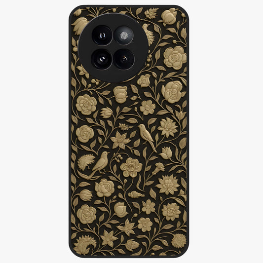 Golden Floral Majesty Glass Case showing flat back view with luxurious golden floral artwork and glossy glass finish.