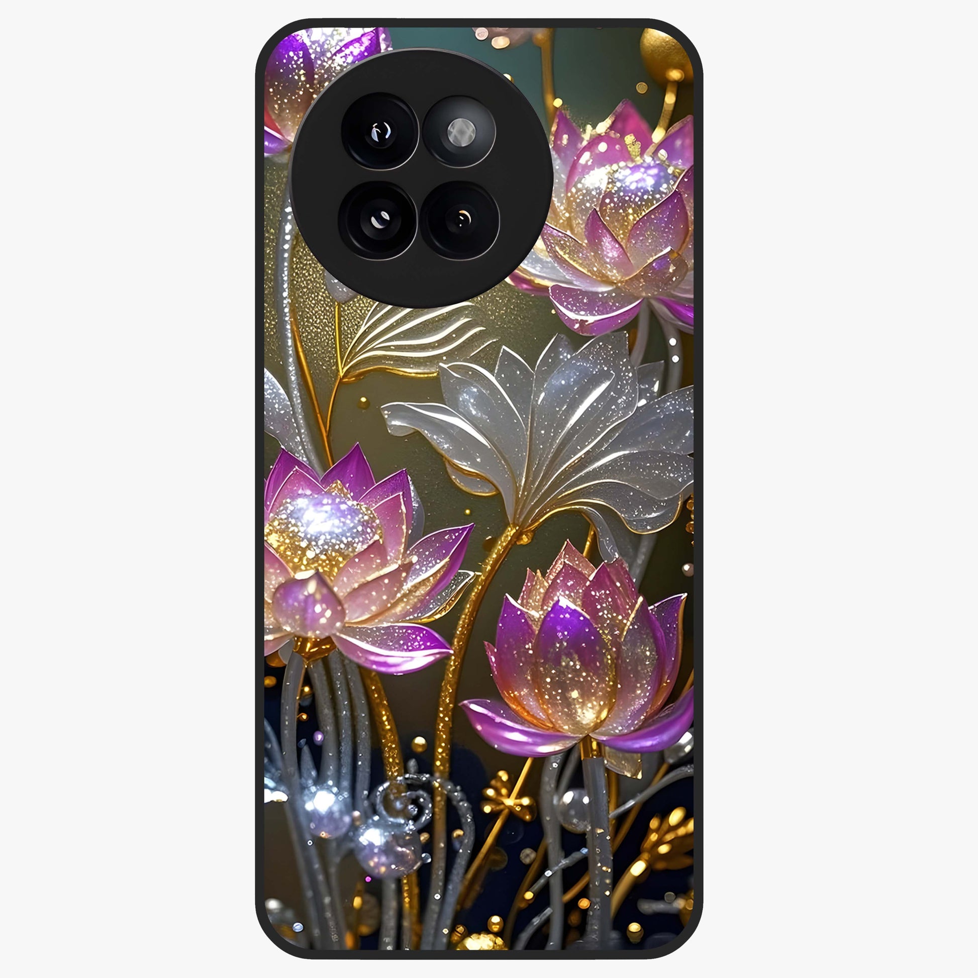 Golden Lotus Glow Glass Case showing flat back view with glowing lotus flower artwork and glossy glass finish.