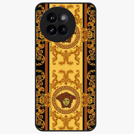 Golden Royal Heritage Glass Case showing flat back view with ornate royal pattern artwork and glossy glass finish.